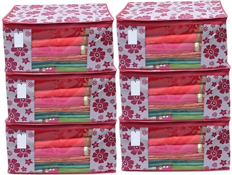 Polka Pink Flower Design Pack Of 6 Non Woven Fabric Saree Cover