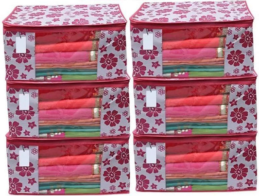 Polka Pink Flower Design Pack Of 6 Non Woven Fabric Saree Cover