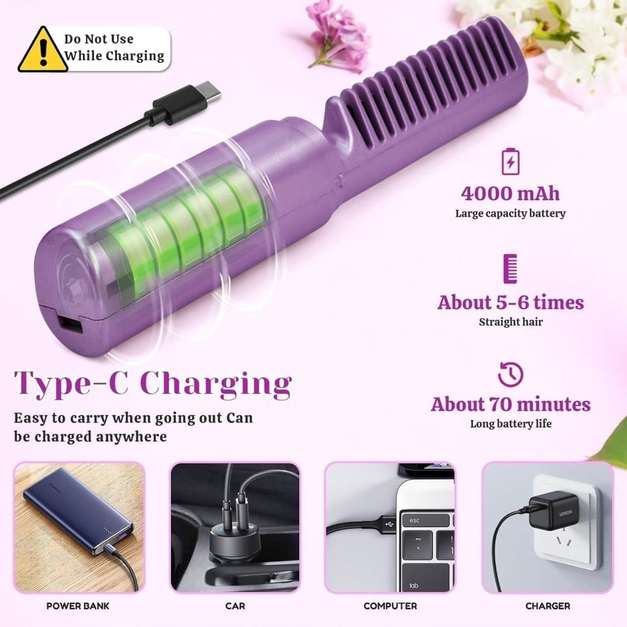 Portable Mini Hair Straightener Cordless Rechargeable Hot Comb